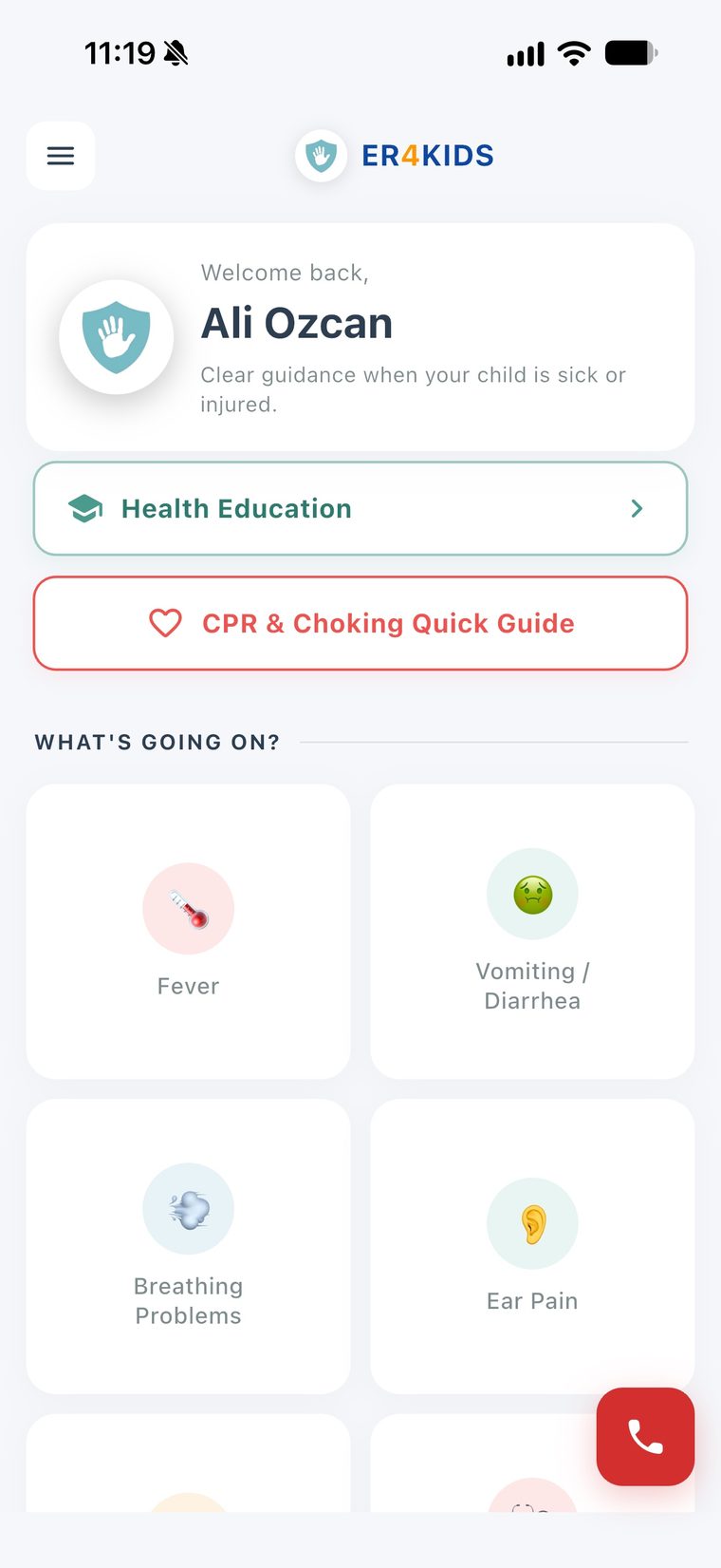 ER4Kids home screen with symptom checker for fever, vomiting, breathing problems and ear pain