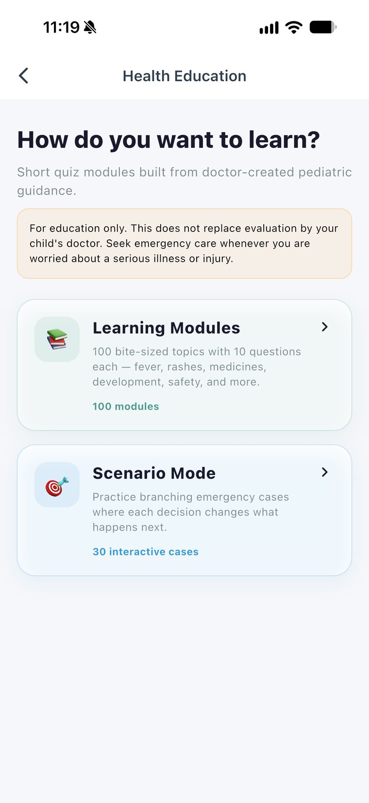 ER4Kids Health Education screen with learning modules and scenario mode