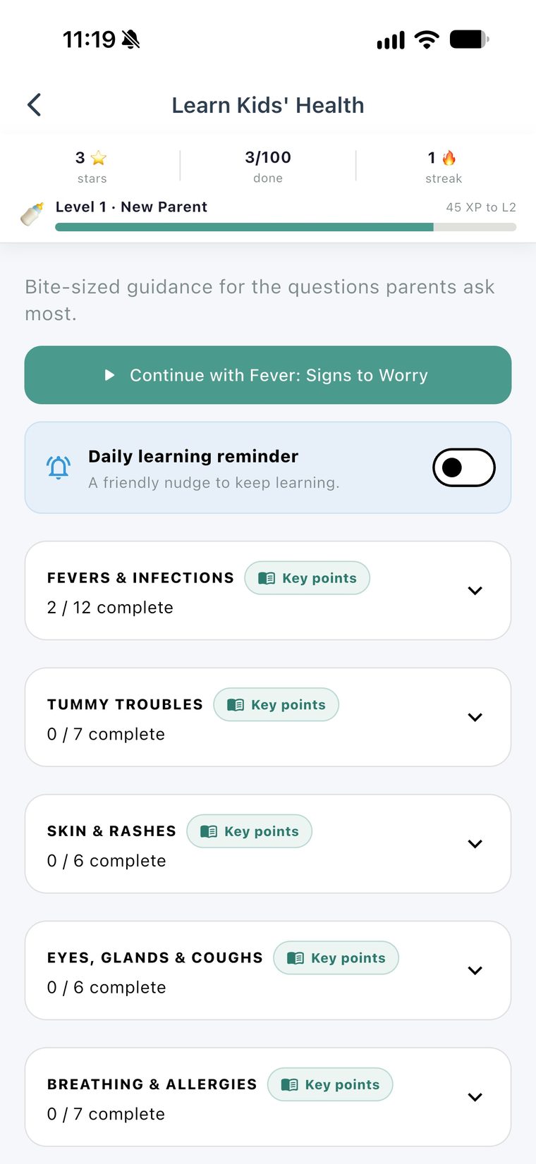 ER4Kids gamified health education modules with stars, streaks and progress levels