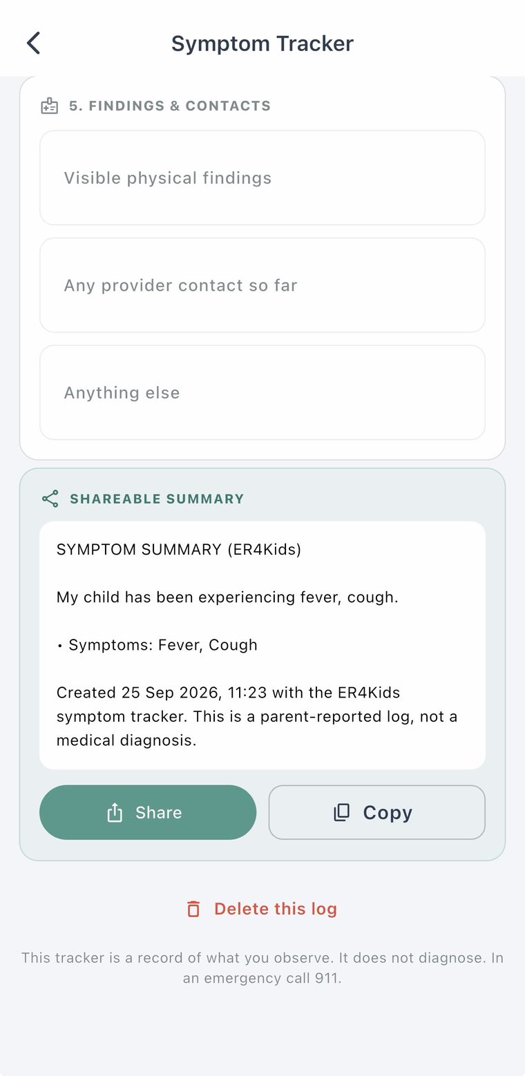 ER4Kids symptom tracker with a shareable summary to send to your pediatrician